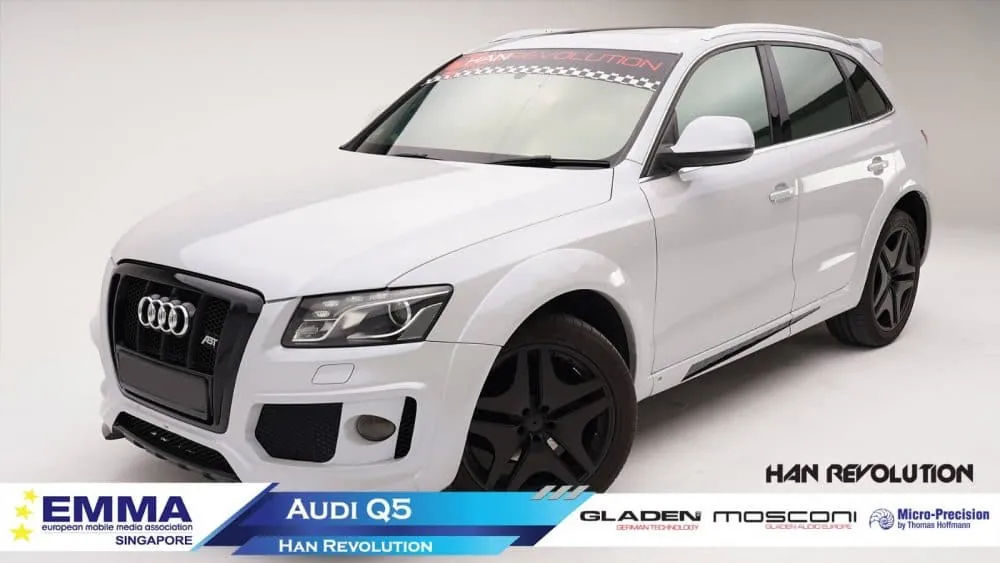 White Audi Q5 fitted with a Gladen, Mosconi and Micro-Precision car audio system by Han Revolution