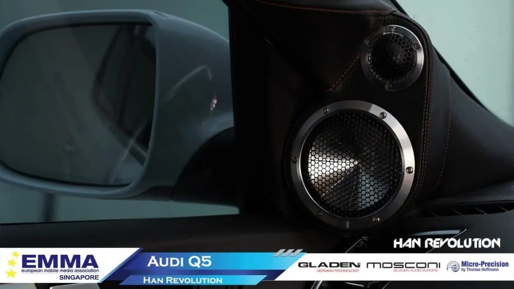 Custom A-pillar tweeter pod fabricated for an Audi Q5 by Han Revolution