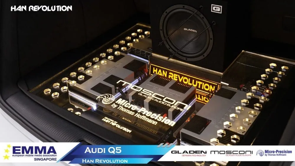 Boot-mounted amplifier and subwoofer rack in an Audi Q5 built by Han Revolution