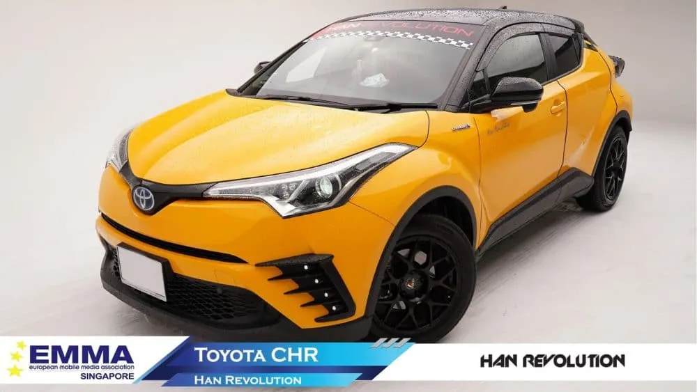 Yellow Toyota C-HR fitted with a custom car audio system by Han Revolution