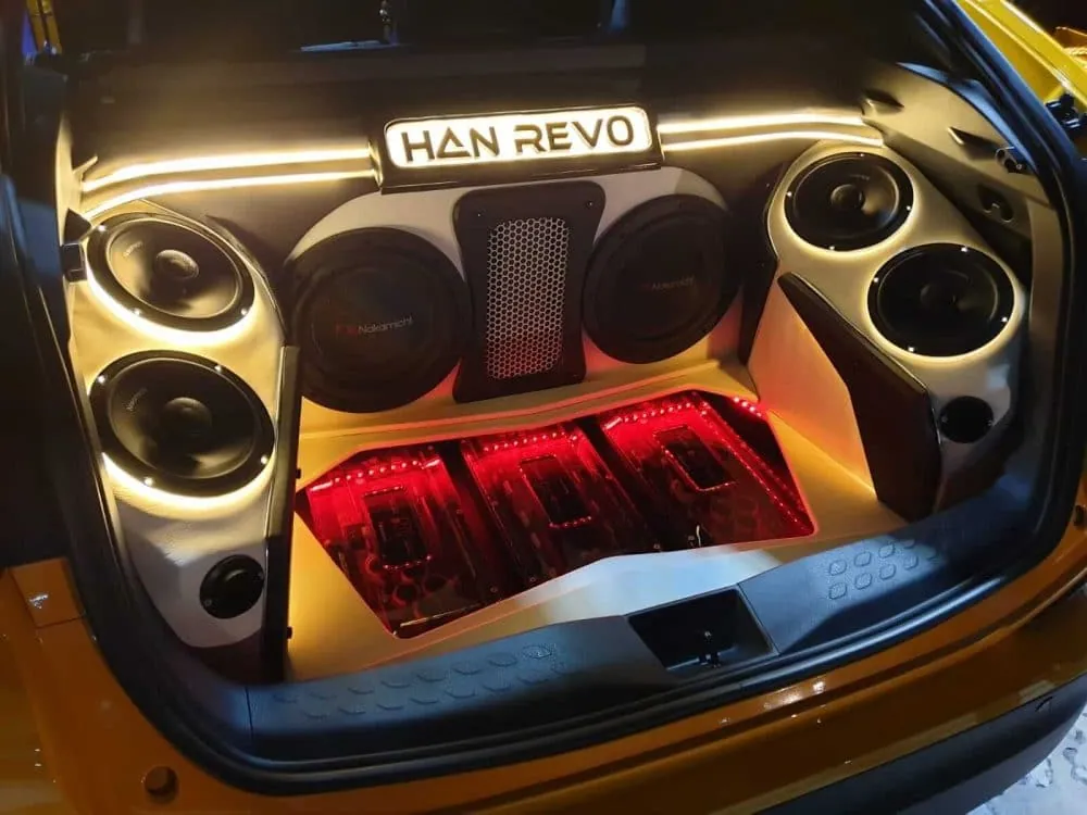 Illuminated multi-speaker boot installation in a Toyota C-HR by Han Revolution