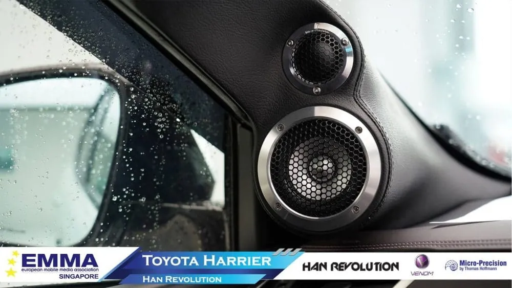 Custom A-pillar tweeter pod fitted to a Toyota Harrier by Han Revolution