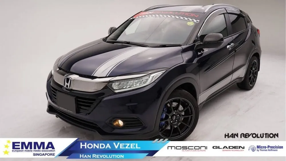 Black Honda Vezel fitted with a Mosconi and Gladen car audio system by Han Revolution