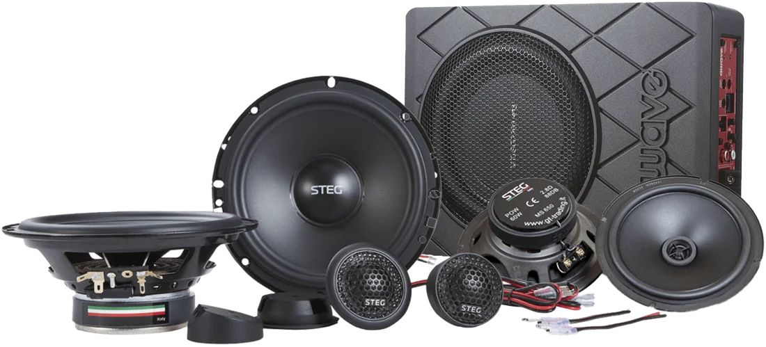 Bronze package components — Awave & Steg speakers, amplifier and subwoofer supplied by Han Revolution