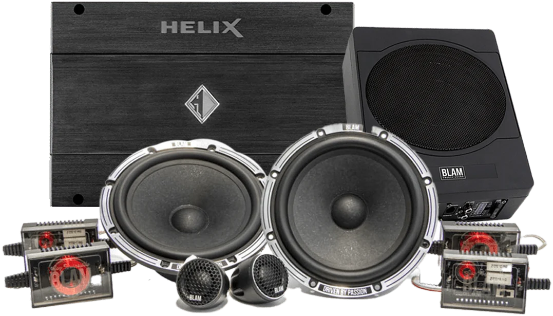 Diamond package components — Blam & Helix speakers, amplifier and subwoofer supplied by Han Revolution