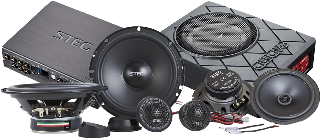 Gold package components — Awave & Steg speakers, amplifier and subwoofer supplied by Han Revolution