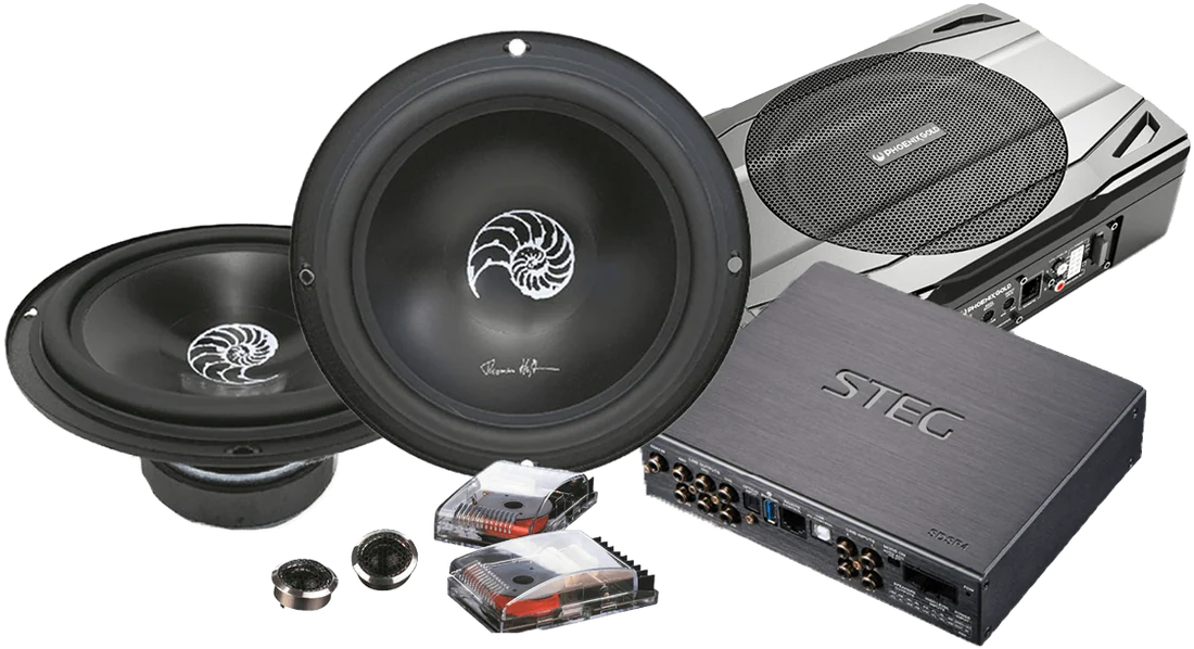 Platinum package components — Micro-Precision, Steg & Phoenix Gold speakers, amplifier and subwoofer supplied by Han Revolution