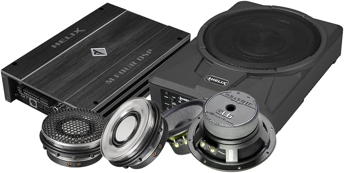 Titanium package components — Brax & Helix speakers, amplifier and subwoofer supplied by Han Revolution