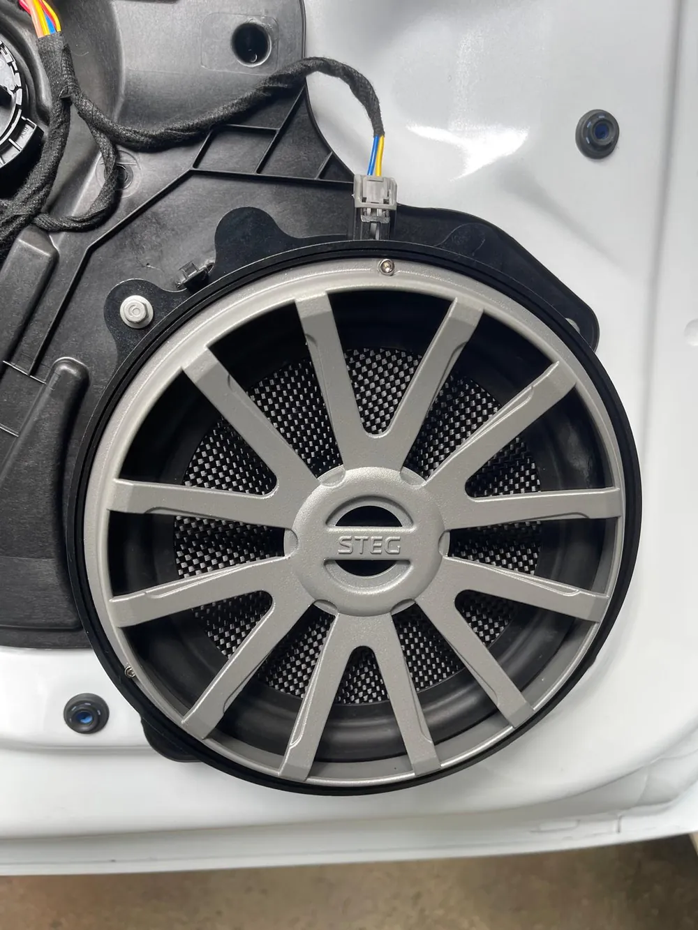 STEG speaker fitted to a Tesla door by Han Revolution