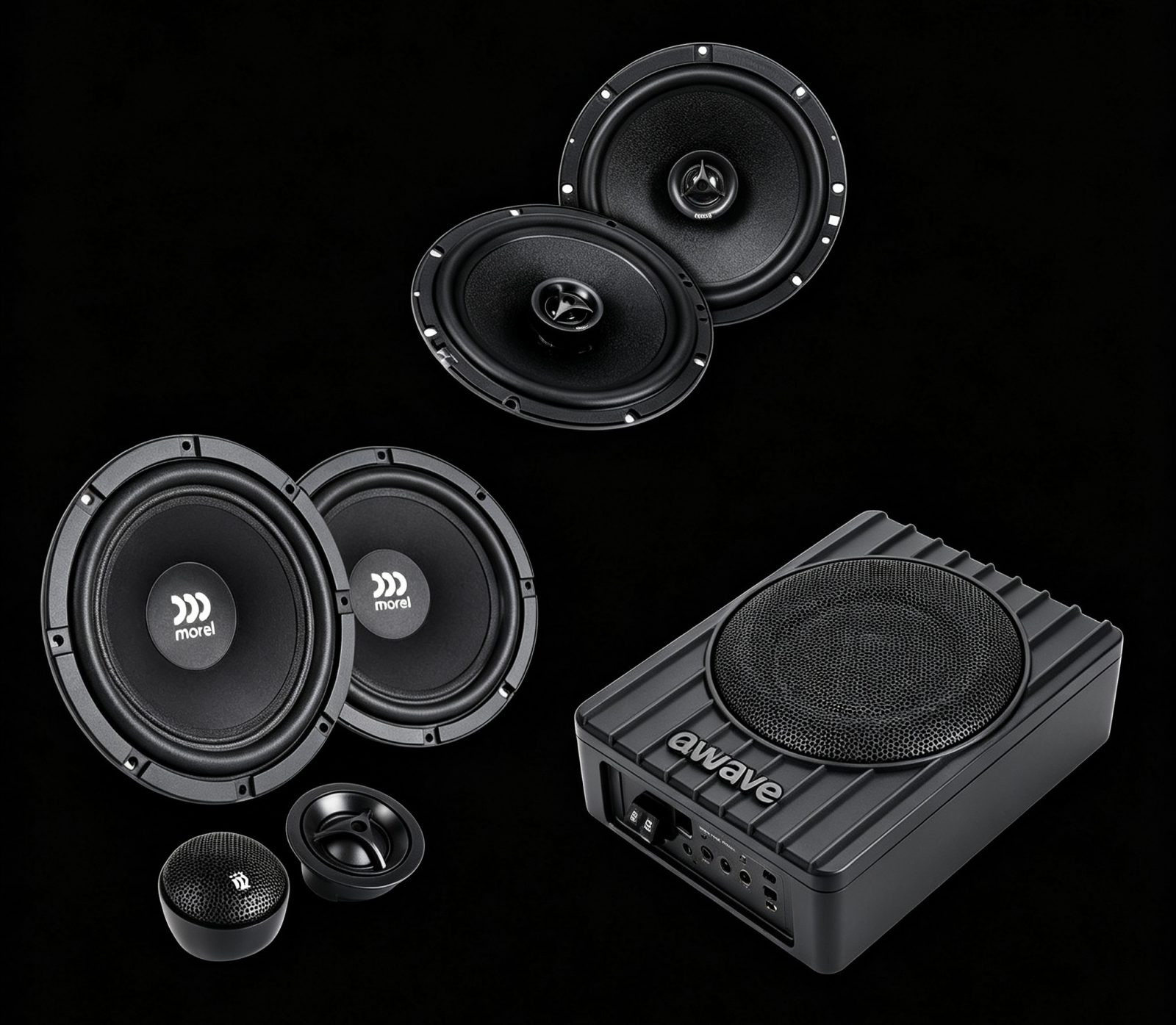 Bronze package components — Morel & Awave speakers, amplifier and subwoofer supplied by Han Revolution