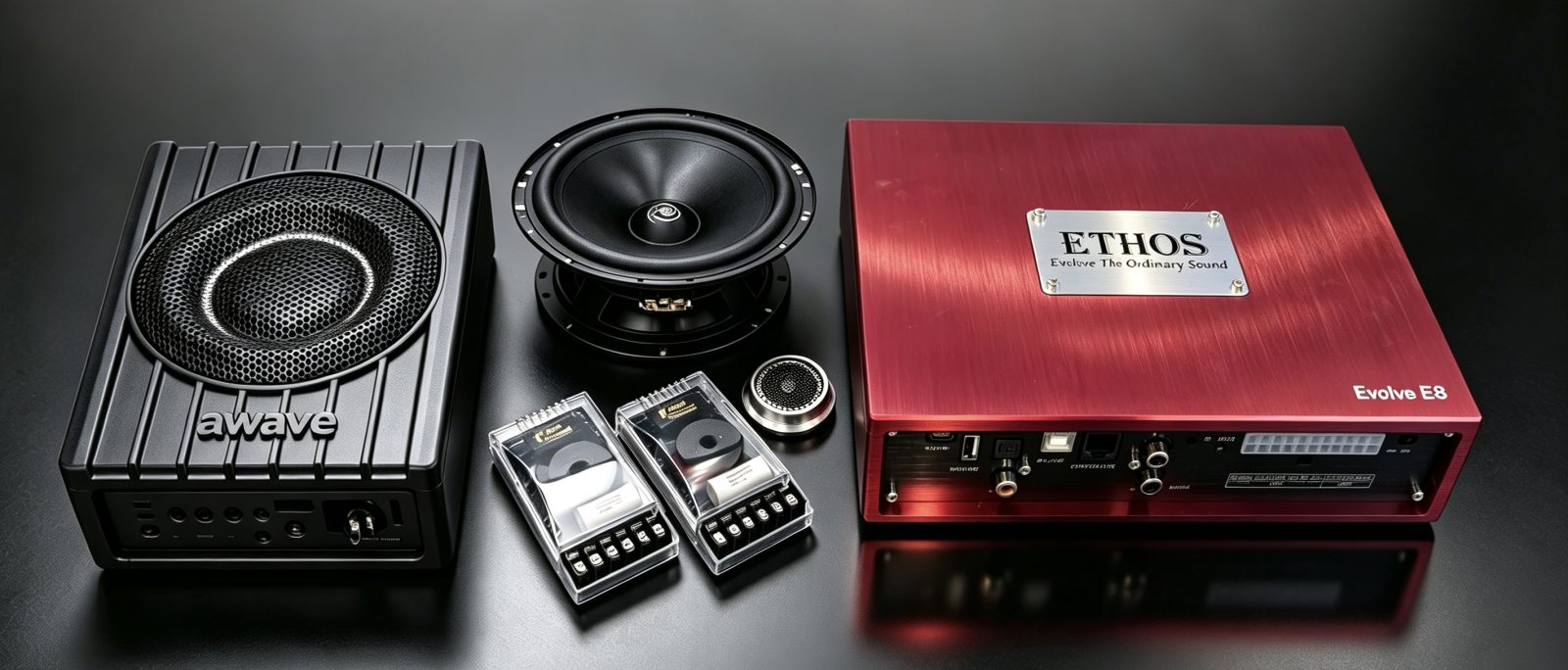 Titanium package components — Micro-Precision, Ethos & Awave speakers, amplifier and subwoofer supplied by Han Revolution